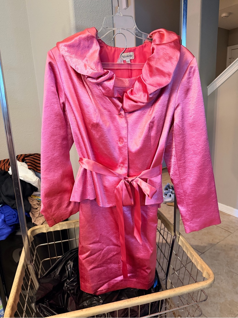 Womenโs Pink Satin Peplum Blazer with Tie Waist